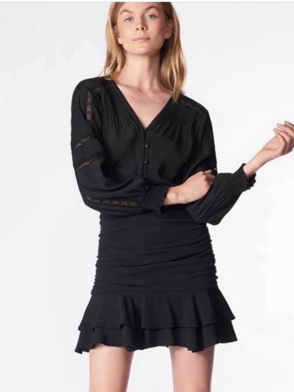 Veronica Beard Black V-Neck Long Sleeve Ruffle Mini Dress